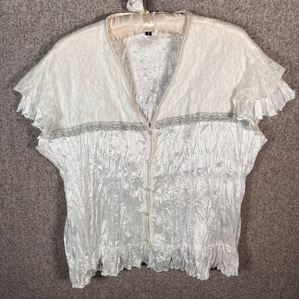 VTG Y2K 90s Silver Crinkle Blouse Fairycore Western Boho Dainty Womens Sz XL